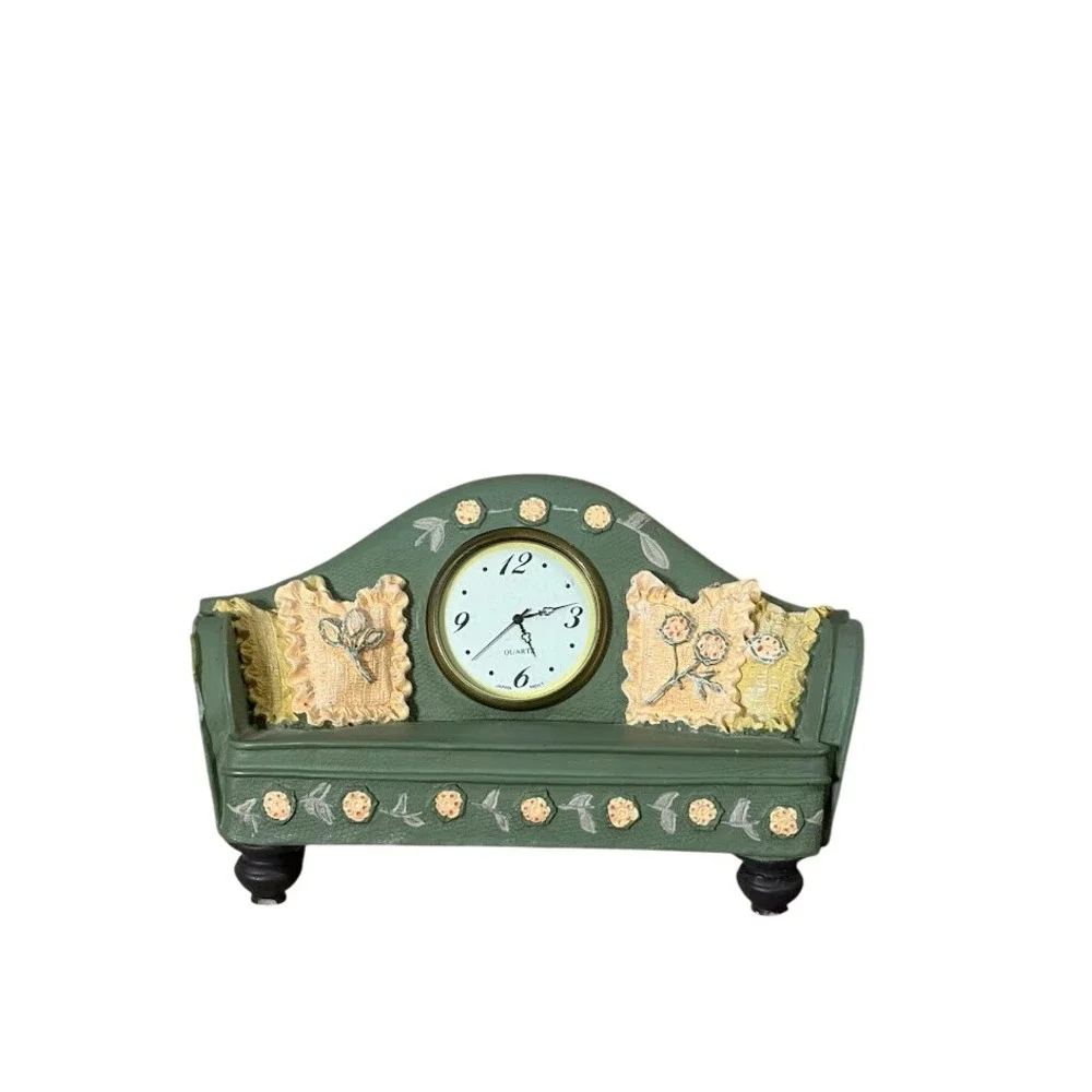 Vintage Miniature Sofa Clock Sage Green Floral Decorative Figurine Display Only